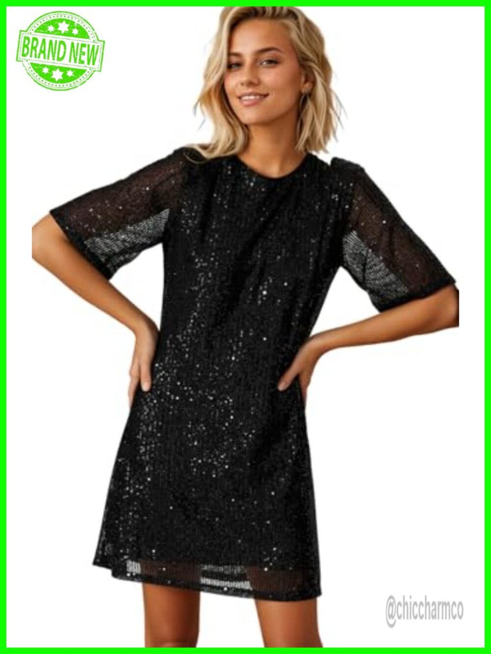 Sequin Mini Shift Dress Short Sleeve Back Button Crew Neck Glitter Party